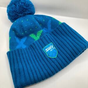 Swix Blue Wool Blend Chunky Knit Pompom Ski Beanie Adult OS Retro Snowboard